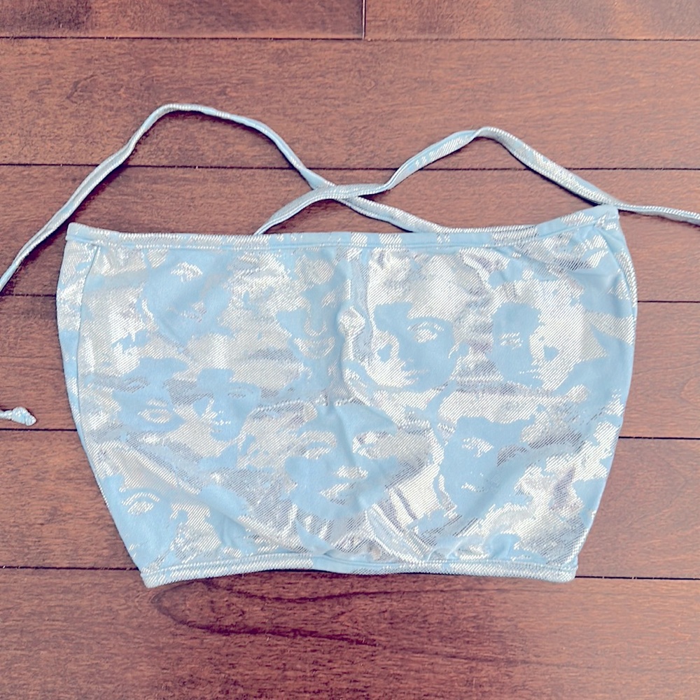 Y2K Vintage Blue & Silver Warhol Face Print Crop Strapless Tube Top Festival